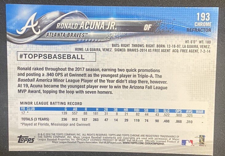 RONALD ACUNA 2018 Topps Chrome Refractor Rookie RC ~ No. 193