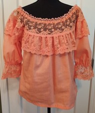 Vtg. Carefree Fashions Lace Trim Boho/Rockabilly Peasant Top Made In USA Sz. S