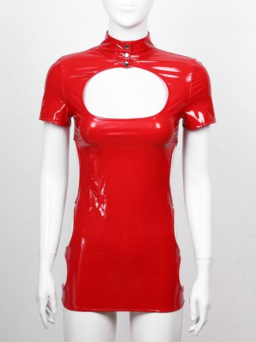 UK Womens Sexy Wet Look PVC Leather Mini Dress Hollow Out Latex Bodycon Dress - Picture 55 of 81