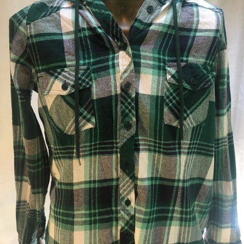 My Style Sz L Green Black Flannel Plaid Tartan Shirt Hoodie Cotton Girls Youth - Picture 3 of 20
