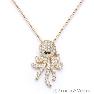 Octopus Animal Charm CZ Crystal Pendant & Chain Necklace in .925 Sterling Silver