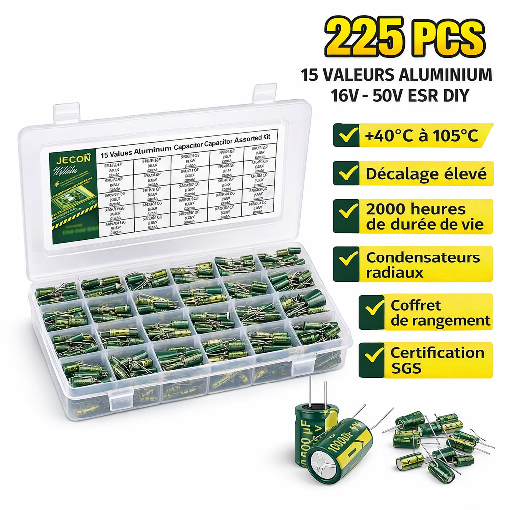 Condensateurs Électrolytiques Aluminium Haute Température 105°C pour Circuits Professionnels 225 Pcs