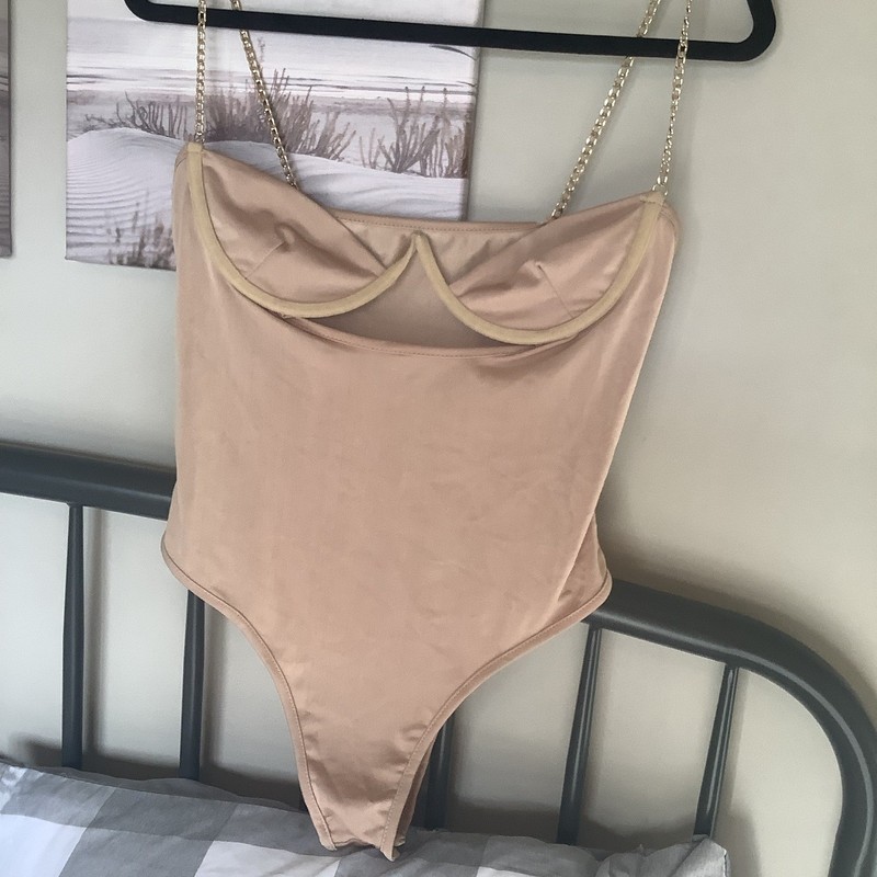 Hi Cut Beige Bodysuit (Teddie)  wit Chain Straps, size Large