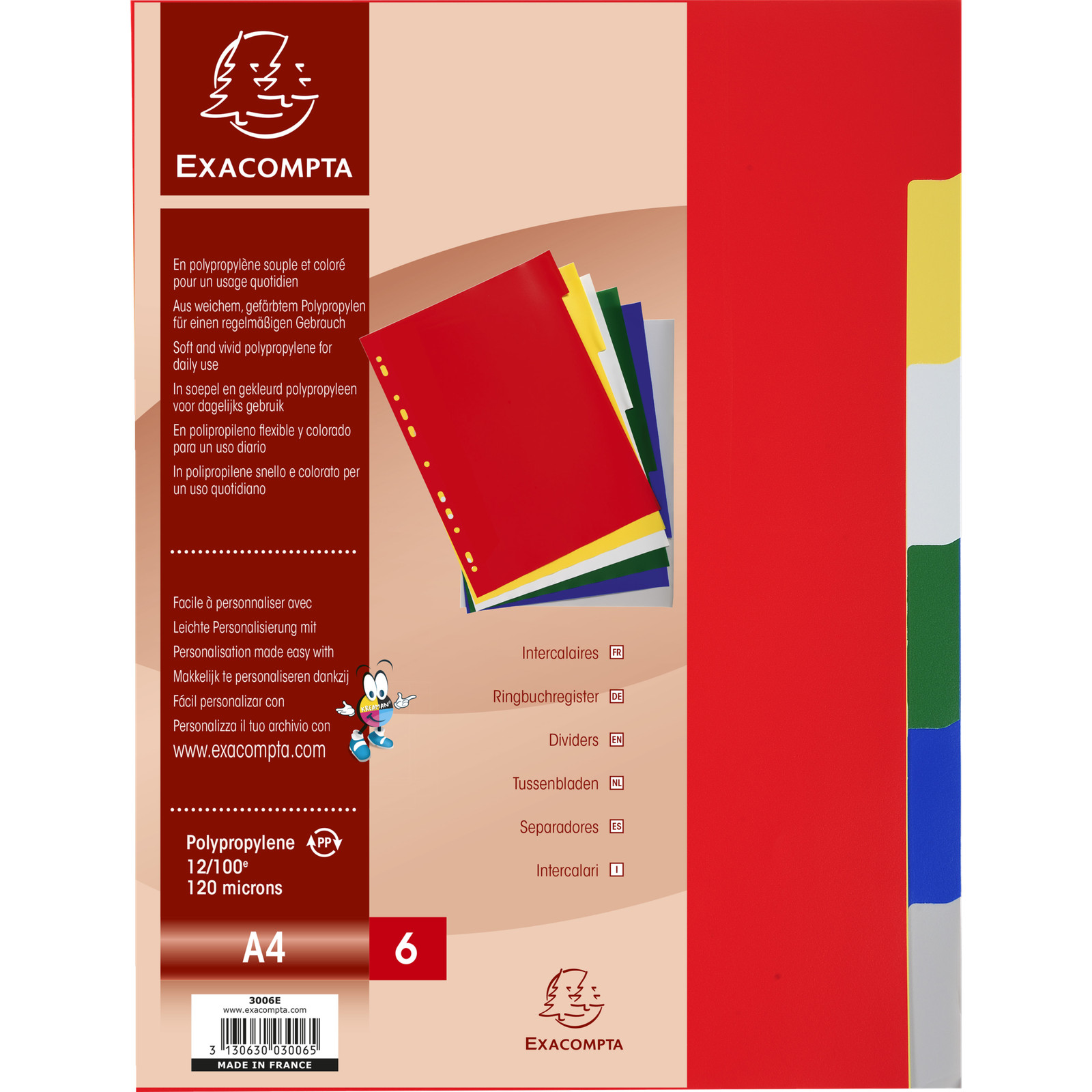 Exacompta 100x Register PP 120µ mit 6 Positionen, für Format A4, sortiert, 3006E
