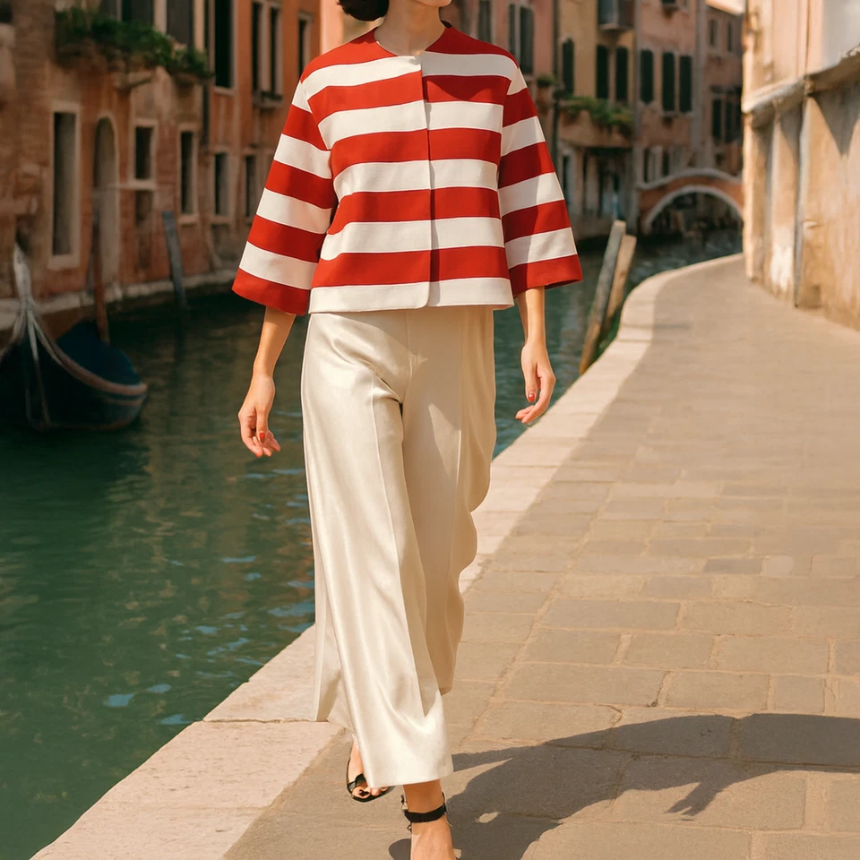 LORO PIANA 8 42-IT Red and Cream Striped  Step Hem Jacket ITALY $3950 Retail - Image 3 of 4