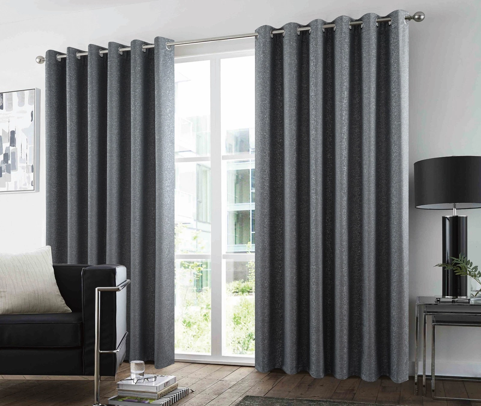 Blackout Glitter Woven Curtains Pair Eyelet Ring Top Ready Made Bedroom Thermal