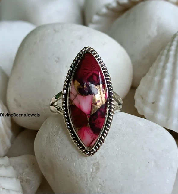 Anillo Turquesa Dalia Rosa Roja, Anillo Plata de Ley 925, Hecho a Mano Todas las Tallas Foto 2 de 4