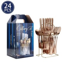 24PC CUTLERY DINNER SET STAINLESS STEEL METAL STAND RACK FORKS TEA SPOONS POLISH