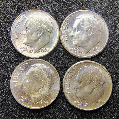 1963-1964 P & D Roosevelt Dimes - Philadelphia & Denver - 90% Silver - BU Toned