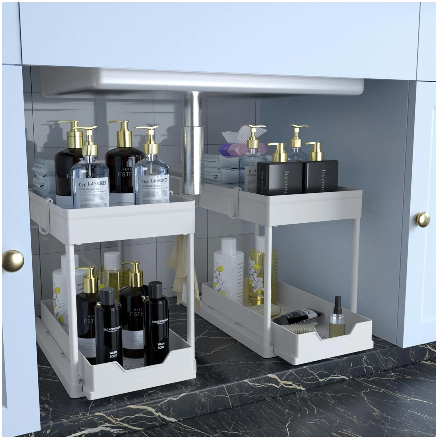 Space Saving 2 Tier Sliding Cabinet Organizer, 2 Pack