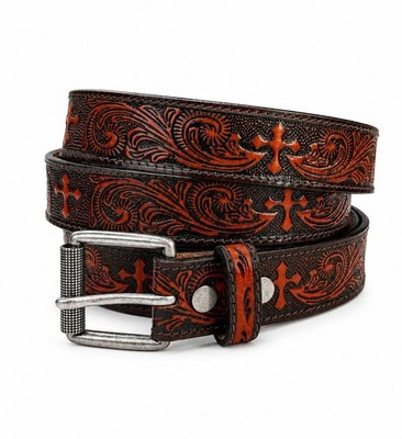 Western Belt Cross Cowboy Rodeo Full Grain Leather Hand Tooled Removable Buckle