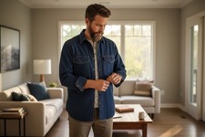 Men  s Vintage Demin Long Sleeve Button Up Shirt Size M Retro