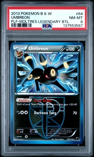 2013 POKEMON BLACK & WHITE PLASMA FREEZE MOLTRES LEGEND BATTLE #64 UMBREON PSA 8