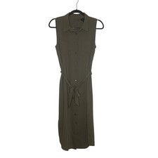 Adrienne Vittadini Midi Shirt Dress Olive Green Size 6 Sleeveless Tie Waist