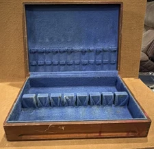 Wood Storage Chest Silverware Box Blue Velvet Inside Case Vintage *Rough