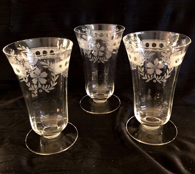 Vintage Footed Etched Floral Crystal Parfait, Dessert or Juice Glasses
