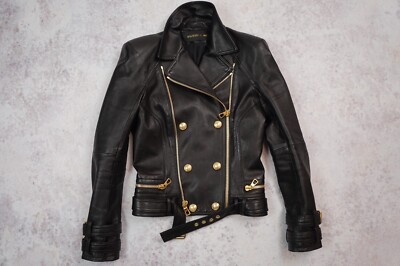 BALMAIN for H&M Women's Black Leather Biker Jacket - UK10 US6 EU36