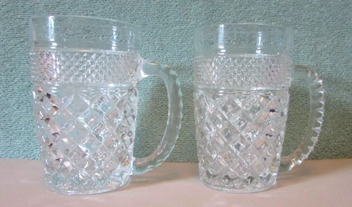 Vtg Anchor Hocking set of 2 Wexford Clear Glass Beer Mugs Diamond Pattern EX!