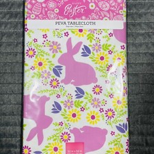 Happy Easter Peva Tablecloth 52  x52  Bunny Peter Cottontail Flowers Spring Pink