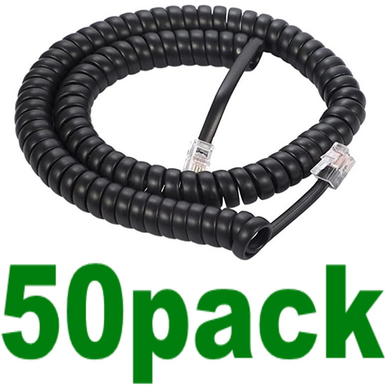 50 Pack - 10ft Telephone Handset Receiver Coil Cords - 4P4C Connectors, Black (Stretched Length)