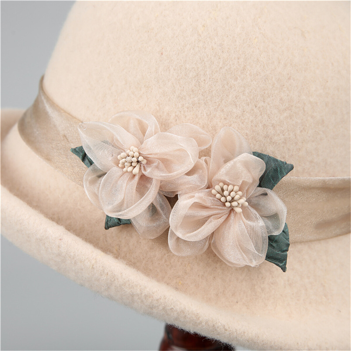 Winter Women Ladies Vintage Wool Felt Bucket Cap Flower 