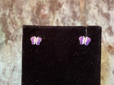 925 Sterling Silver Purple  White Enamel Butterfly Stud Earrings