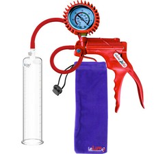 LeLuv JacVac Penis Pump, Round Flange Cylinders, Red/Green Handle NPT Gauges