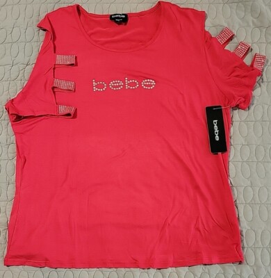 Bebe Women's Top Rhinestones Logo Cut Out Sleeves Red Sz 1X NWT | eBay