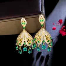 Ethnic Fringed Green Dangle Drop Chunky CZ Yellow Gold Plated Earrings for Bride