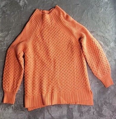 Anthropologie Sweater Women Medium Orange Relaxed Mock-Neck Cable-Knit 
