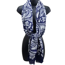 Women's Scarf Blue White Paisley Fringe 25"/70" Rectangle Wrap Beach Coverup 