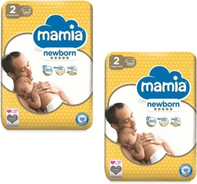 MAMIA 2 x Aldi Newborn Size 2 Nappies 3-6kg 2 x 60 Total 120 Nappies