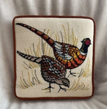 Throw Pillow Needlepoint Pheasant Gamebird Velvet Back 13.25"x13.25" Vintage