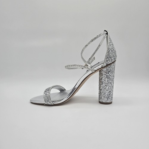 Nine West Womens Celebra Silver Sequined Heel 8.5 Metallic Silver Ankle Strap - Picture 10 of 16