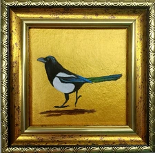 Magpies Bird Painting original Black Bird artwork 3x3 small hand painting Framed