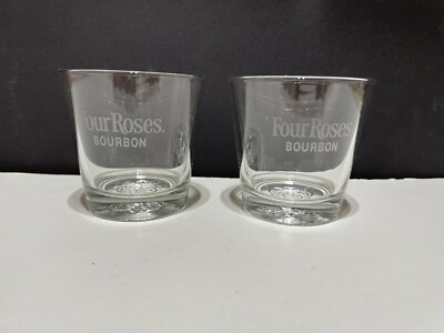 2 Four Roses Bourbon Whiskey Glasses with Embossed Rose on Bottom - 3 1/8'' Tall
