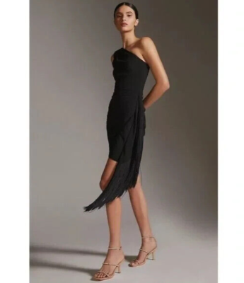 hutch one shoulder fringe dress NWT Anthropologie Hutch XL Ruched Fringe Mini Dress Black One Shoulder New