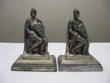 Cast Metal Knight Crusader Bookends Pair Seated With Sword & Shield