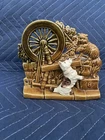 McCoy Figural Ceramic Planter Dog & Spinning Wheel Mid-Century Modern Brown Whi…