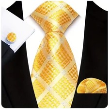 Yellow Color Stripes Plaid Tie Pocket Square Cufflinks Set Necktie Japan New