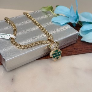 Authentic 14K Gold Plated Womens Green Teddy Bear Pendant Chain Necklace 20' Oro Laminado