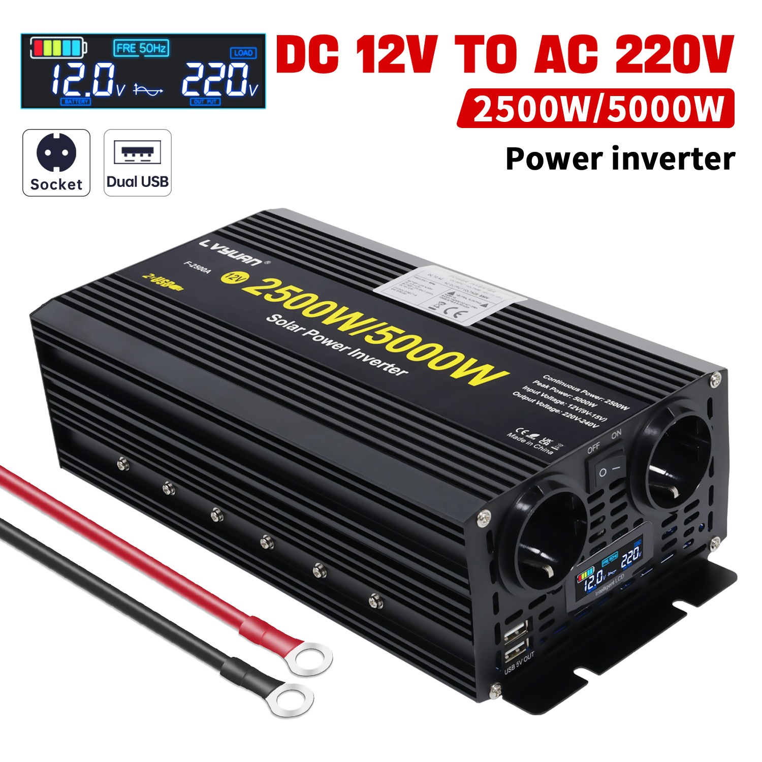 2500W 5000W Convertidor de Tensión 12V a 230V Inversor 2USB 2AC LCD Pantalla