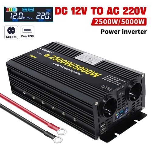 2500W 5000W Voltage Converter 12V to 230V Inverter 2USB 2AC LCD Display