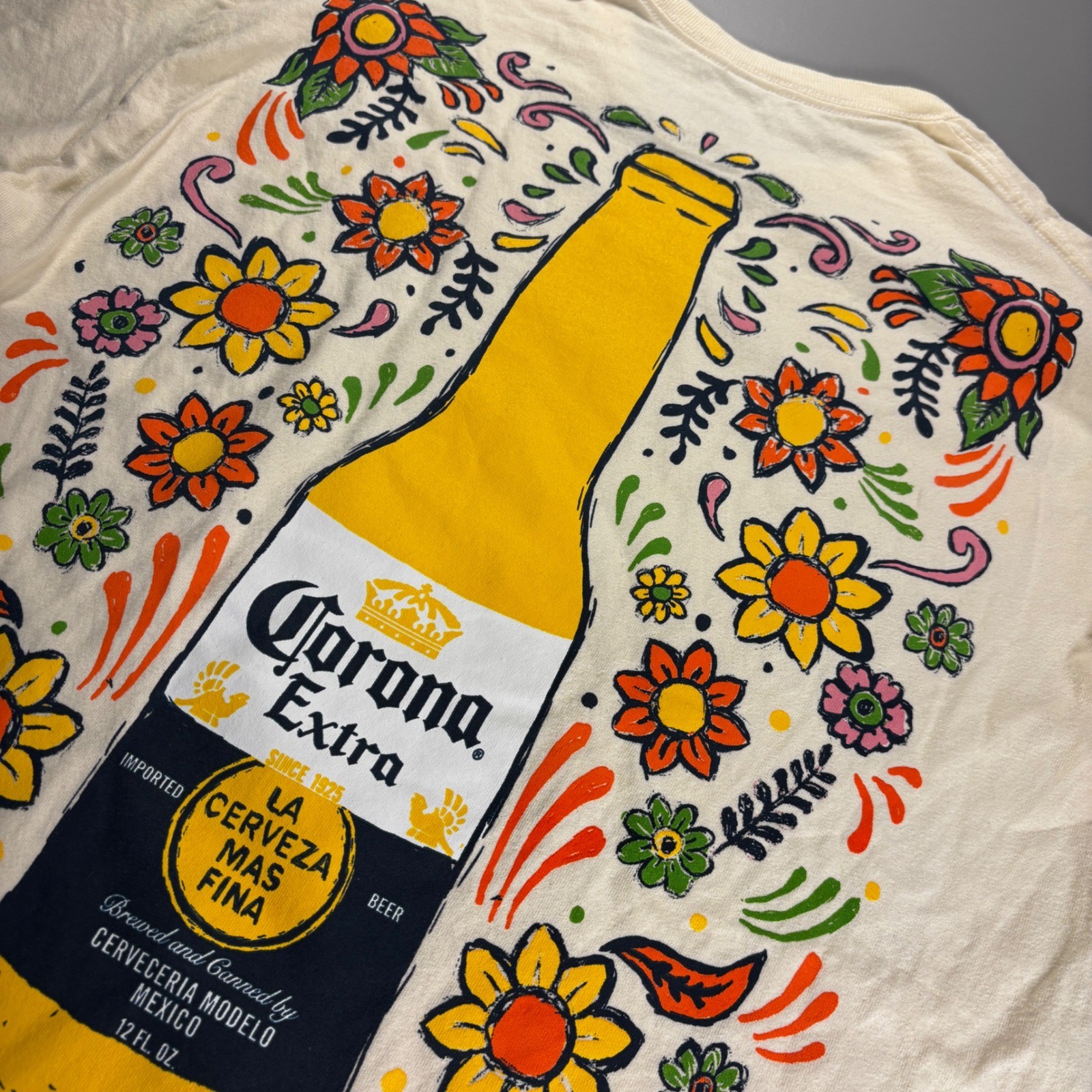 Corona Extra Beer Graphic T-Shirt Floral Design Cream Color Size Medium Ripple
