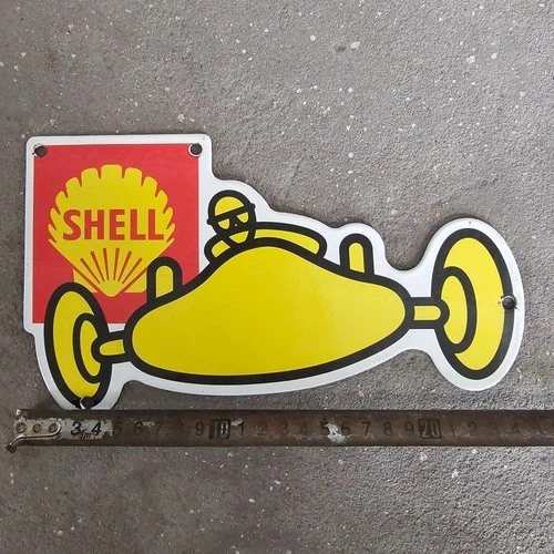 VINTAGE SMALL SHELL CAR OLD US GASOLINE OIL GAS PUMP ENAMEL PORCELAIN SIGN