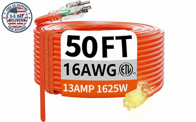 50 ft 16/3 Gauge Outdoor Extension Cord Waterproof with Lighted, Flexible Col...