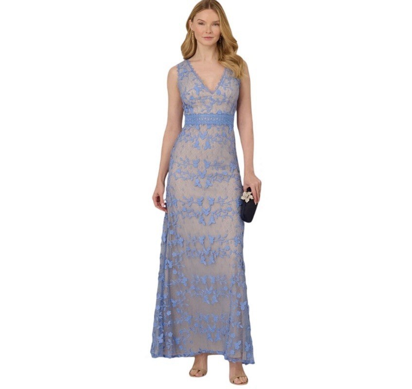 NWT Adrianna Papell Long Blue Lace Overlay Sleeveless Formal Gown Size 16  Y2K