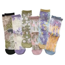 7 Pairs Women Floral Sheer Sock Elastic See Through Socks Summer Thin Mesh La...