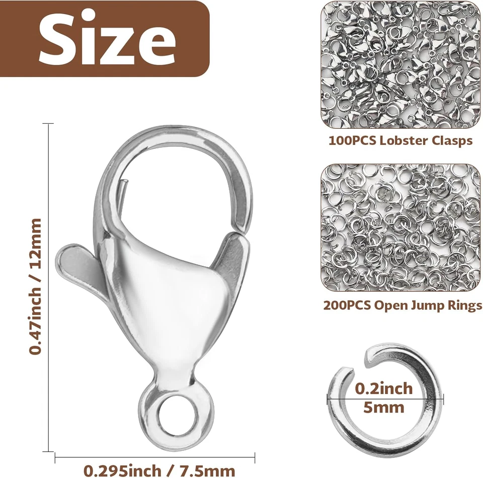 300Pcs Stainless Steel Lobster Claw Clasps for Necklace/Bracelet Jewelry Making, - Image 2 of 4