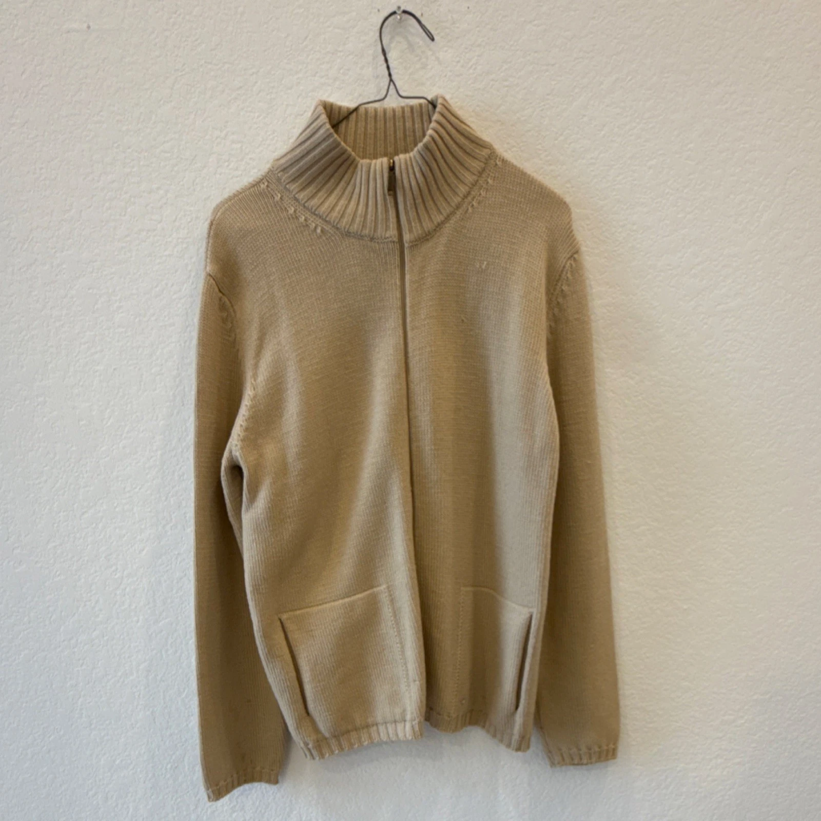 Weekend Max Mara Beige Wool Full Zip Sweater Mock Neck Pockets Size L
